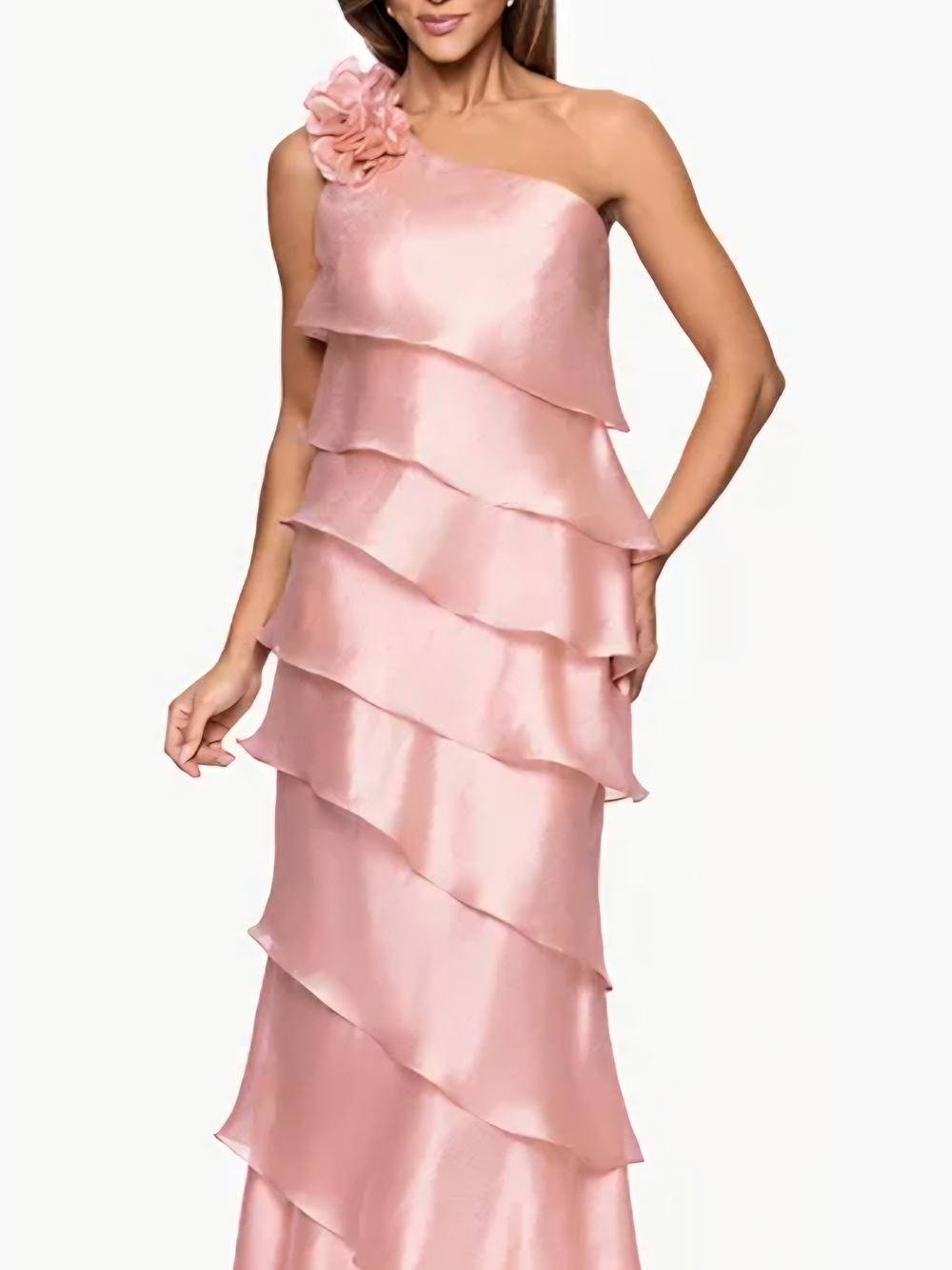 Xscape One-Shoulder Blush Pink Layered Ruffle Gown